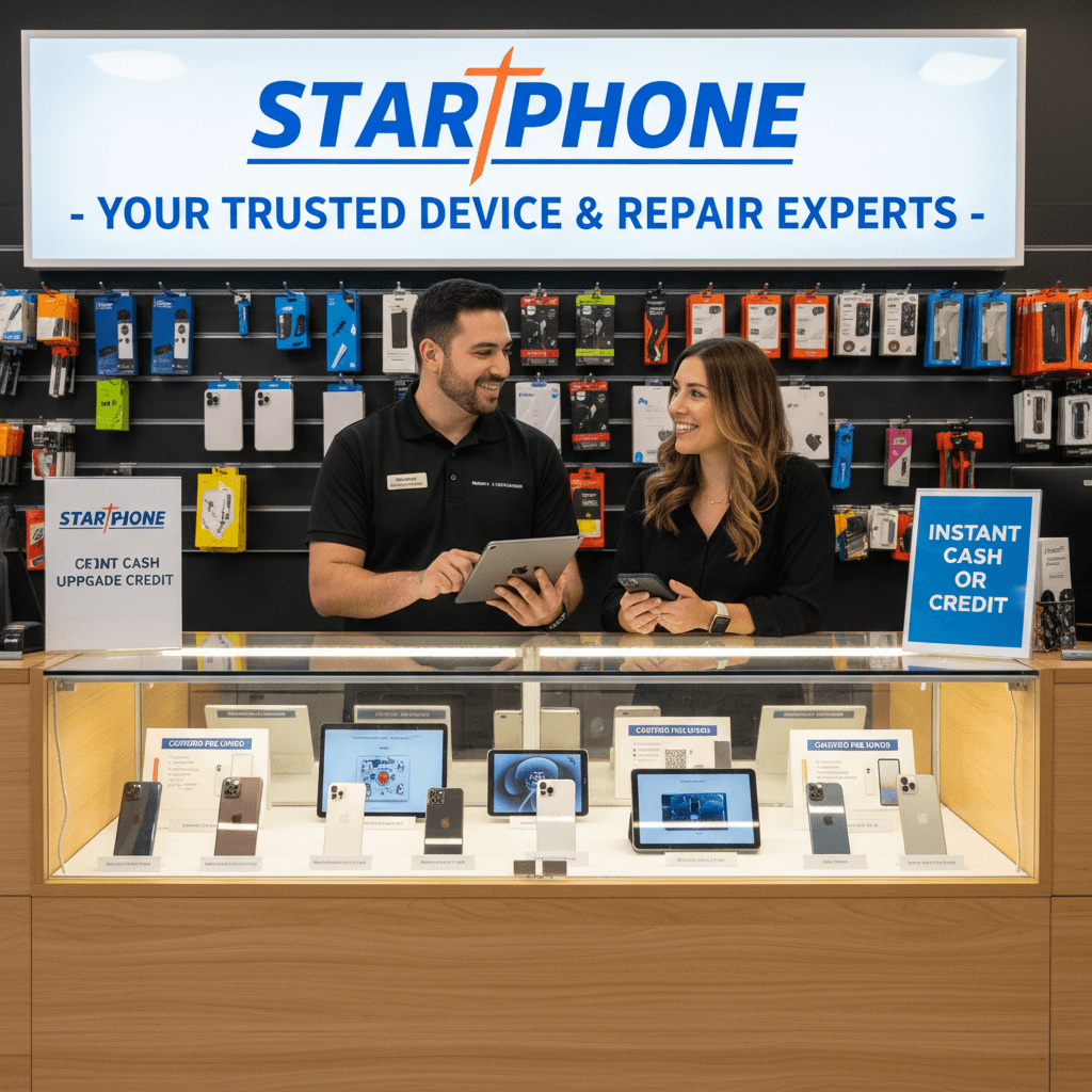 Technician assisting customer with device trade-in at STAR PHONE, showcasing pre-owned devices.