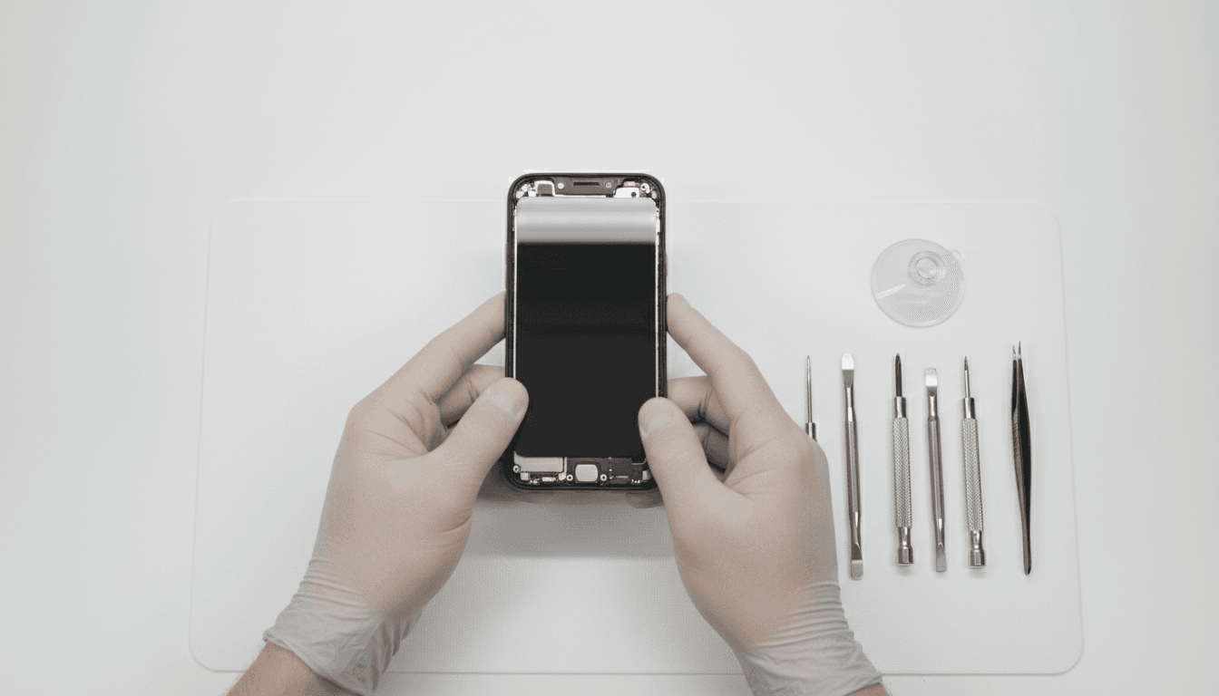 Technician repairing a smartphone screen with precision tools