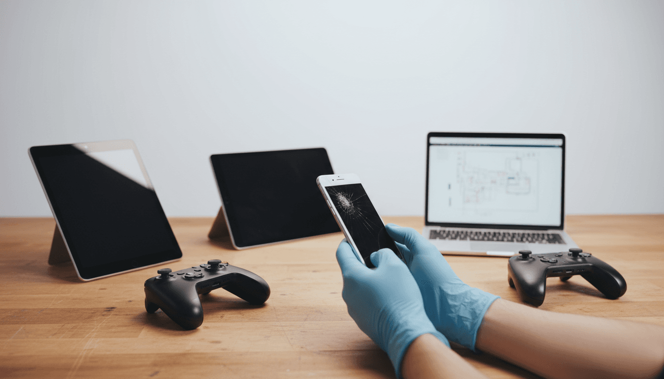 Professional technician hands repairing a smartphone on a clean workbench with tablets, laptops, and game controllers displayed