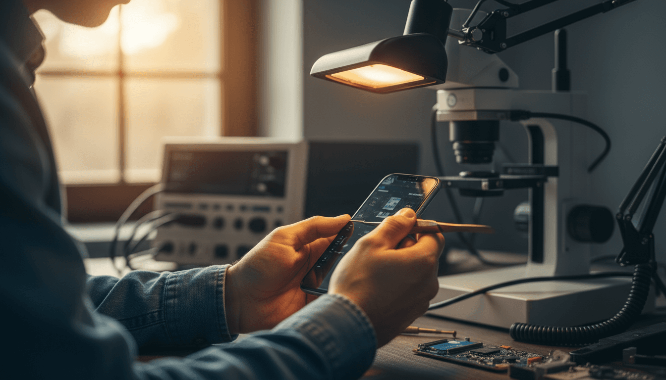 STAR PHONE technician carefully inspecting a smartphone screen with precision tools in Lincoln Park repair shop
