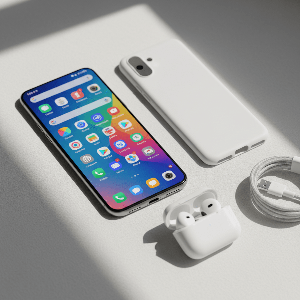 Smartphone with protective case, charging cable, and wireless earbuds arranged on neutral background
